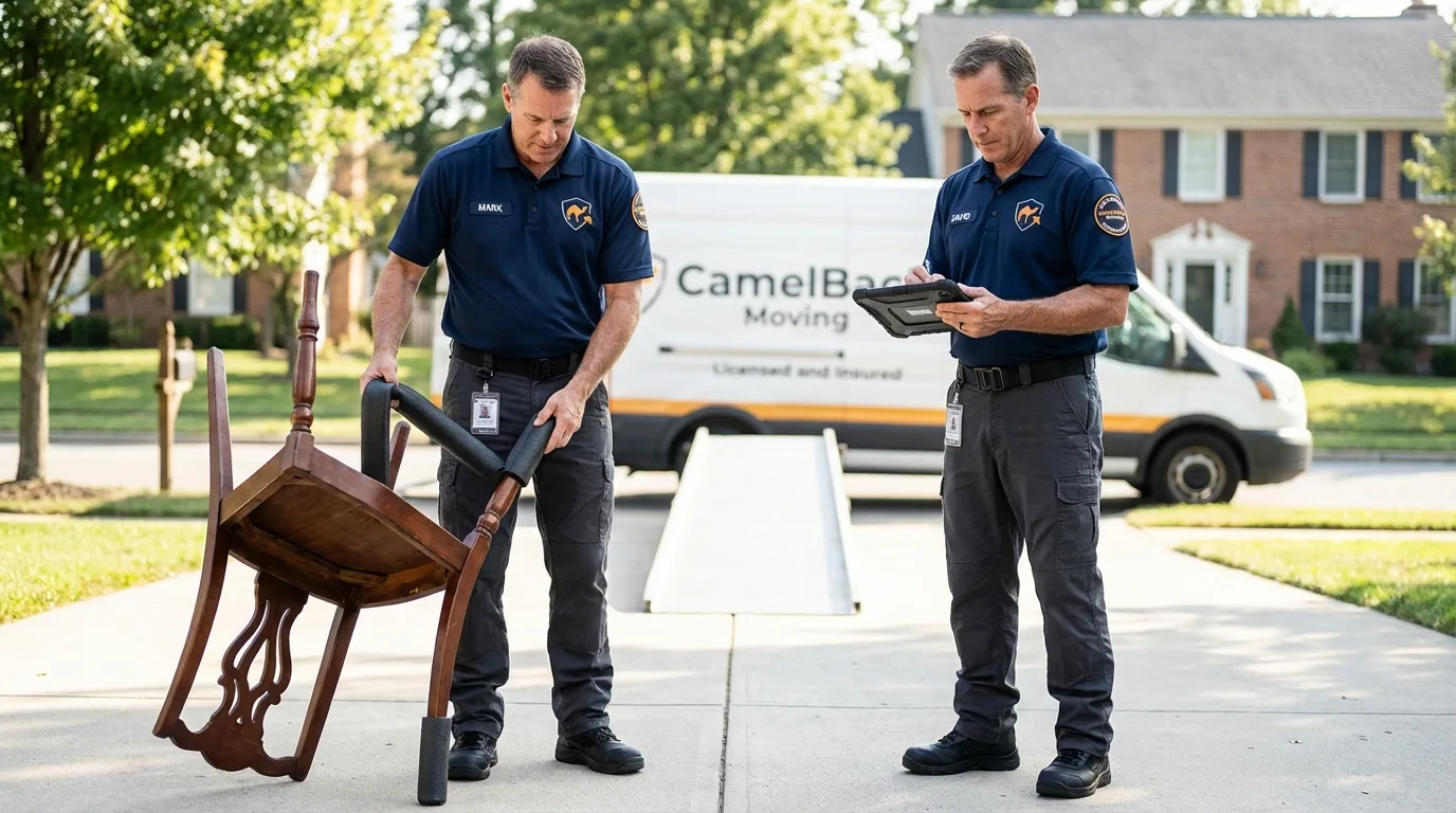 Movers inspecting furniture for damage prevention before loading in Salem, AR